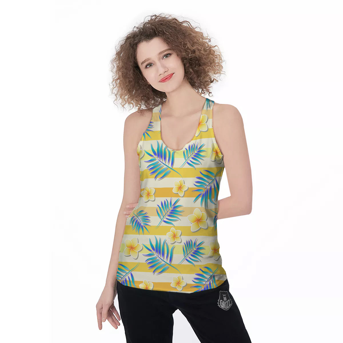 Frangipani Yellow Print Pattern Women's Racerback Tank Top-grizzshop