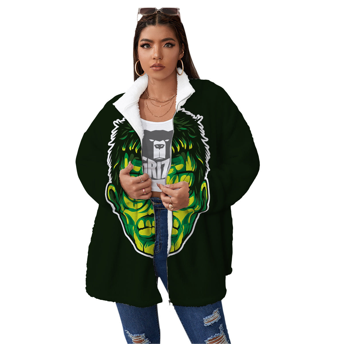 Frankenstein Cartoon Print Women's Sherpa Jacket-grizzshop