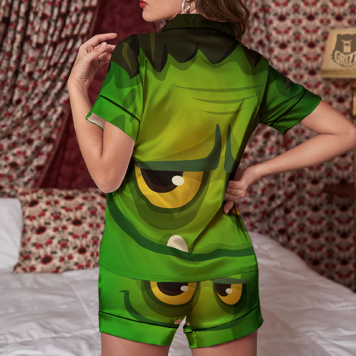 Frankenstein Face Cute Print Women Silk Pajamas-grizzshop