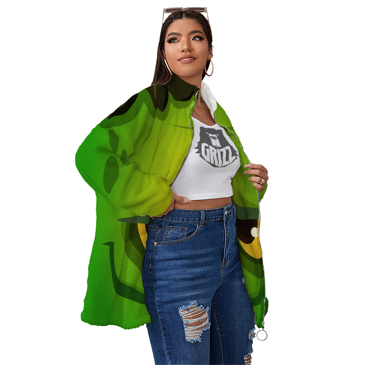 Frankenstein Face Cute Print Women's Sherpa Jacket-grizzshop