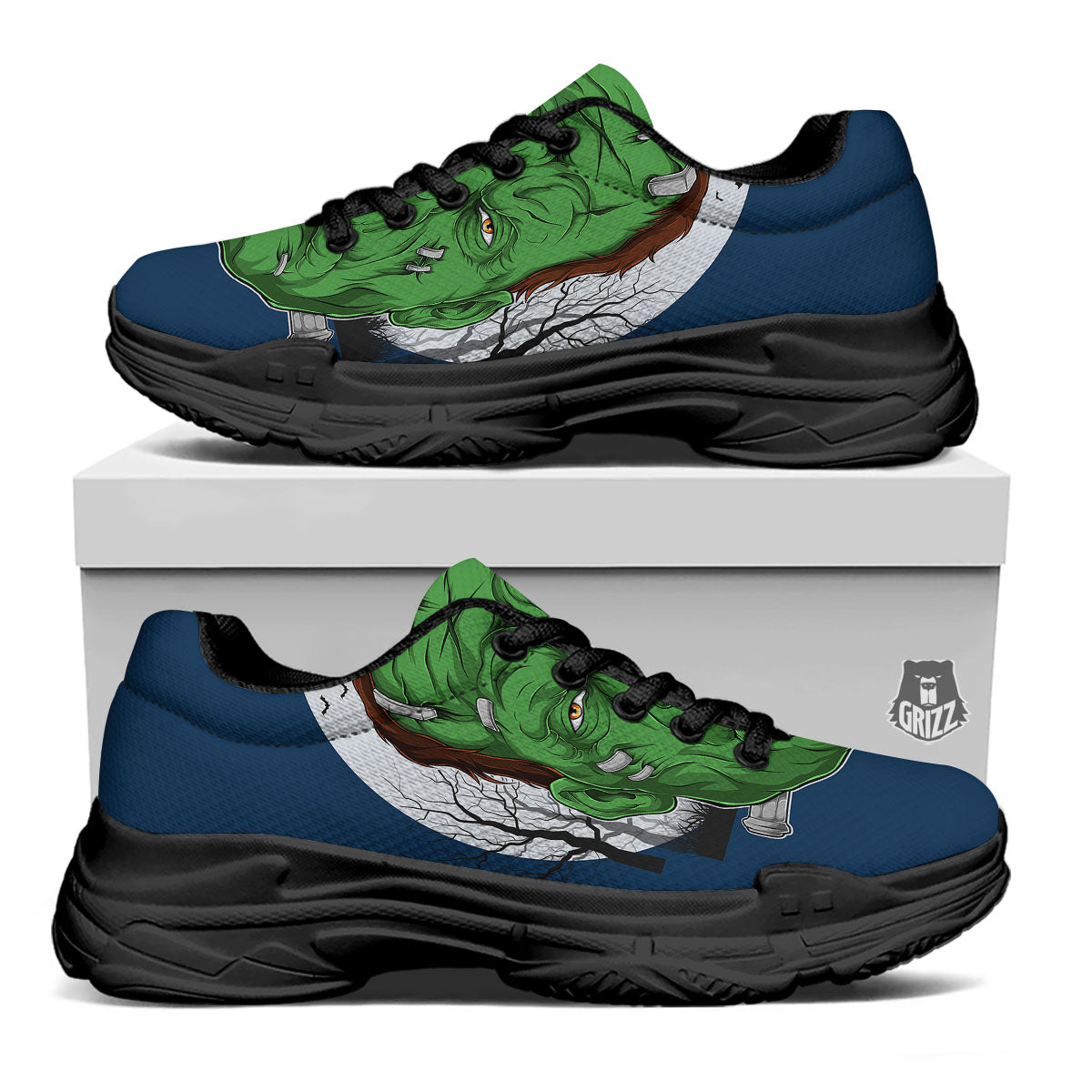 Frankenstein Face Halloween Character Print Black Chunky Shoes-grizzshop
