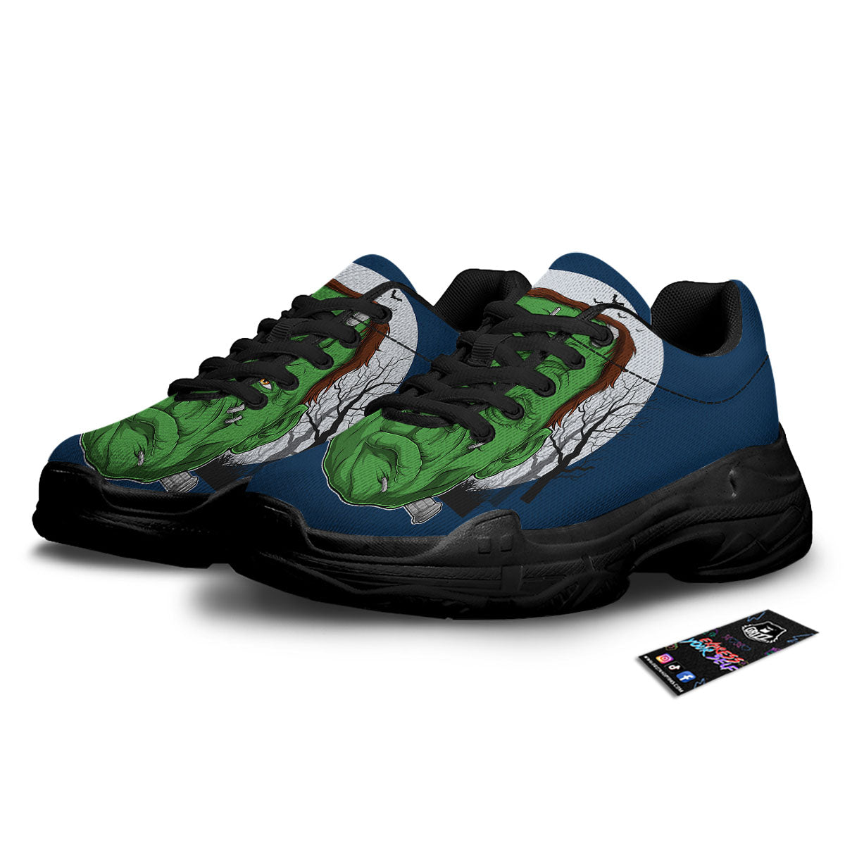 Frankenstein Face Halloween Character Print Black Chunky Shoes-grizzshop