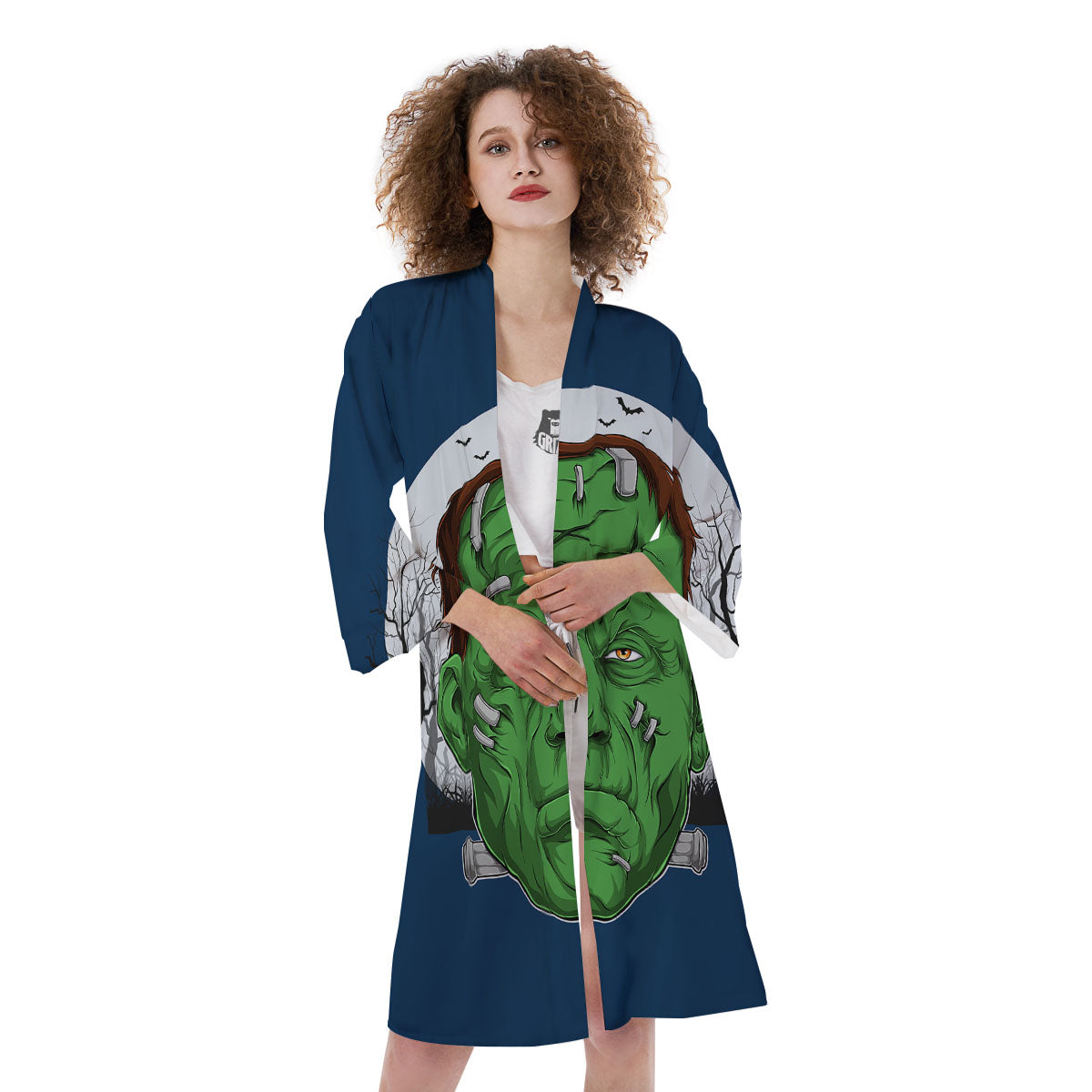 Frankenstein Face Halloween Character Print Kimono-grizzshop