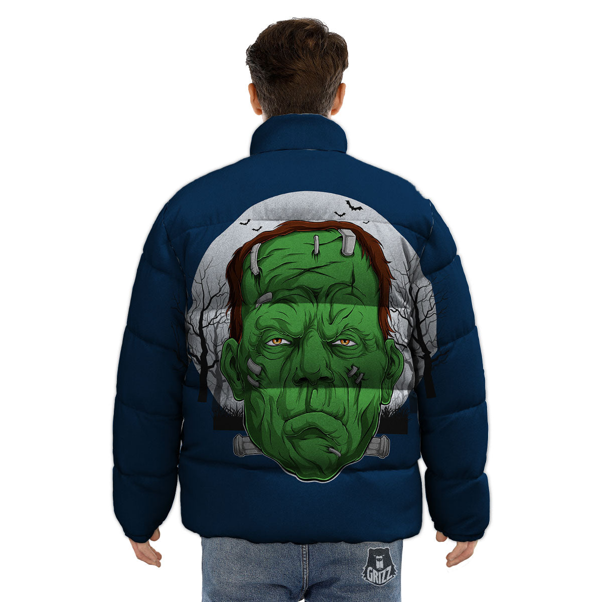 Frankenstein Face Halloween Character Print Puffer Jacket-grizzshop