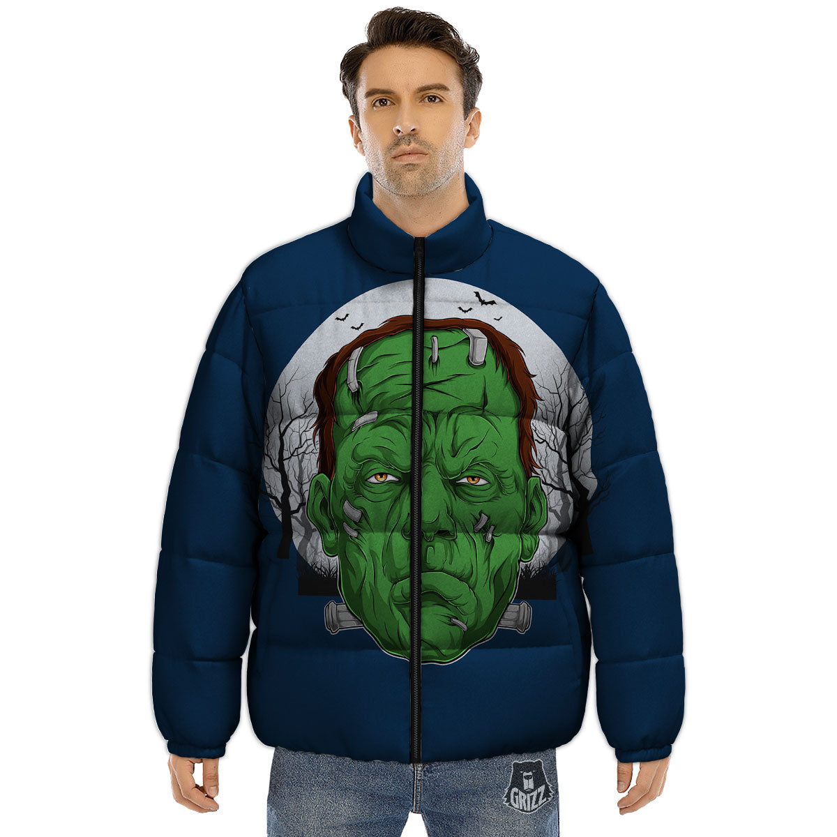 Frankenstein Face Halloween Character Print Puffer Jacket-grizzshop