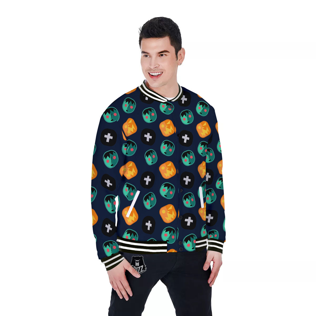 Frankenstein Face Halloween Print Pattern Baseball Jacket-grizzshop