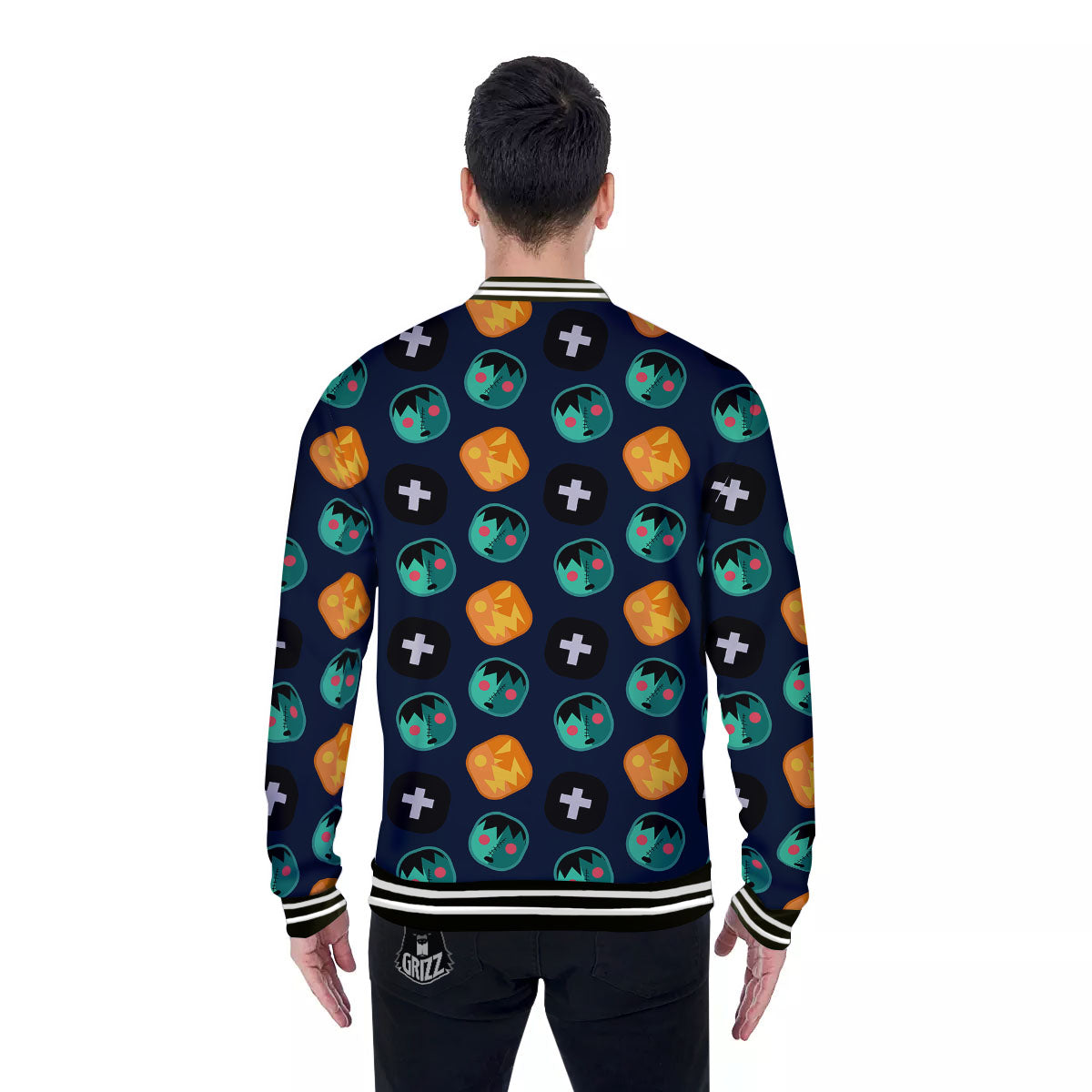 Frankenstein Face Halloween Print Pattern Baseball Jacket-grizzshop