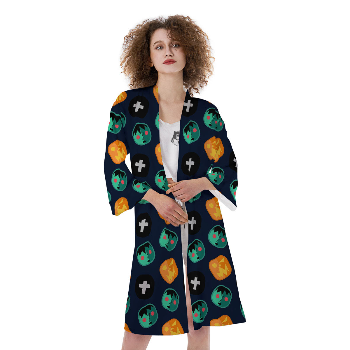 Frankenstein Face Halloween Print Pattern Kimono-grizzshop
