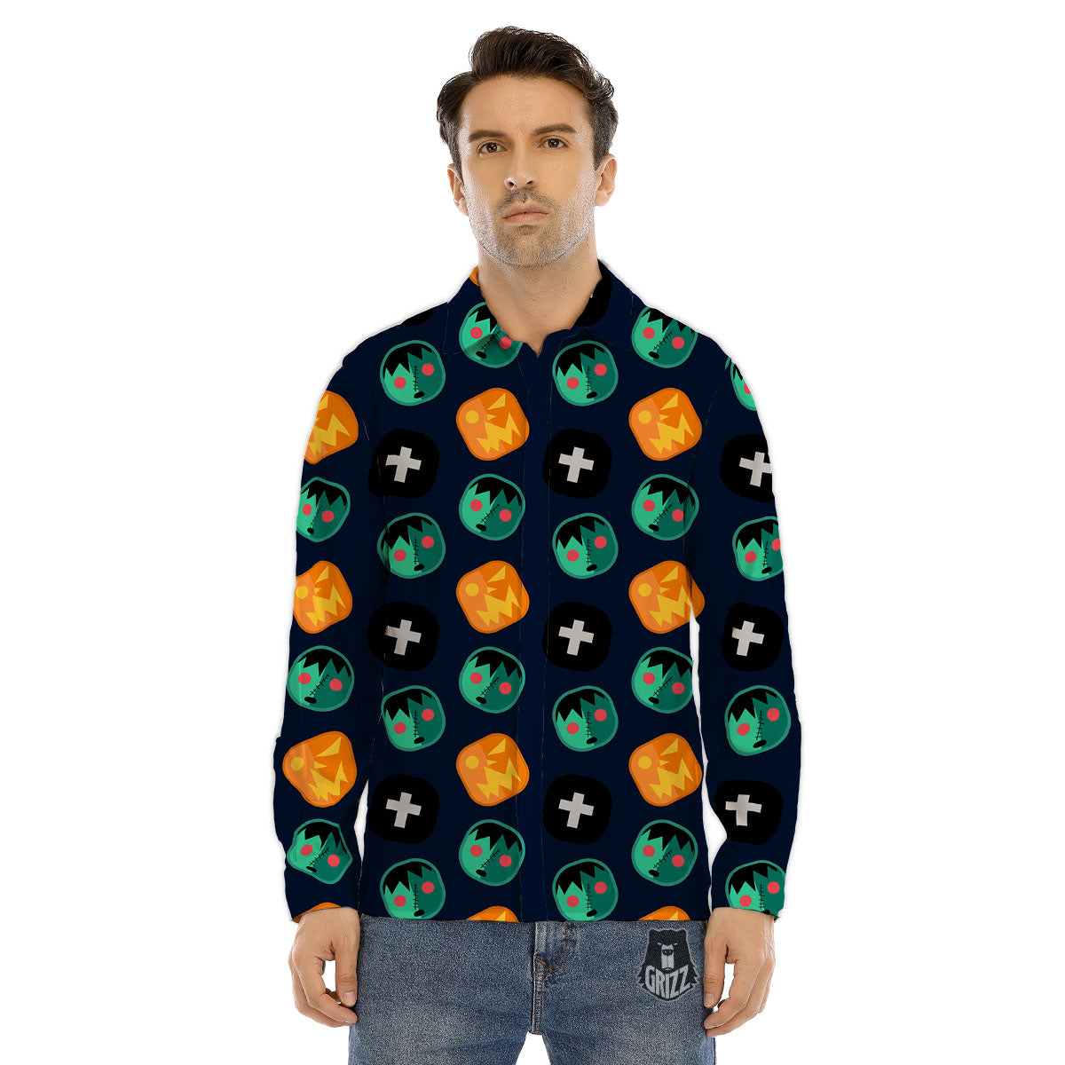 Frankenstein Face Halloween Print Pattern Men's Dress Shirts-grizzshop