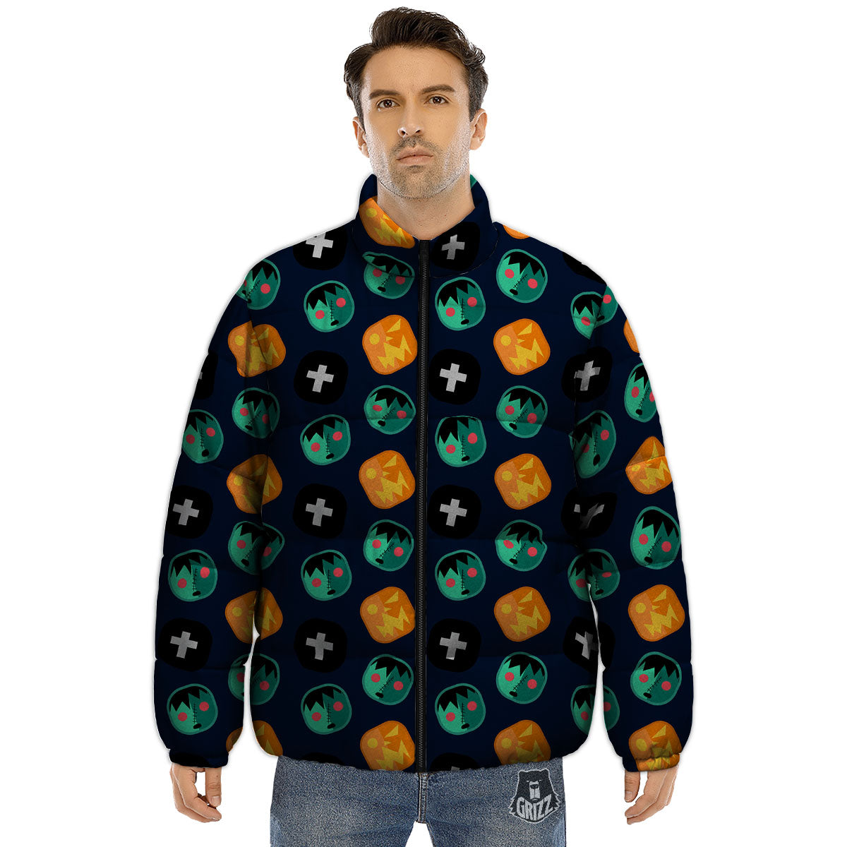 Frankenstein Face Halloween Print Pattern Puffer Jacket-grizzshop