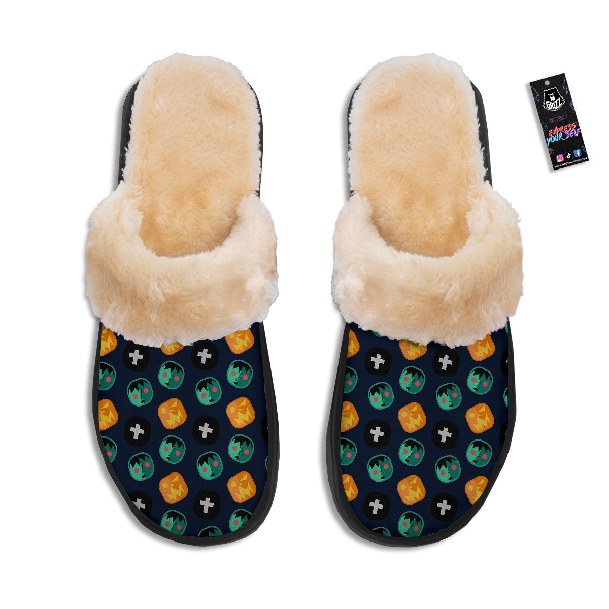 Frankenstein Face Halloween Print Pattern Slippers-grizzshop