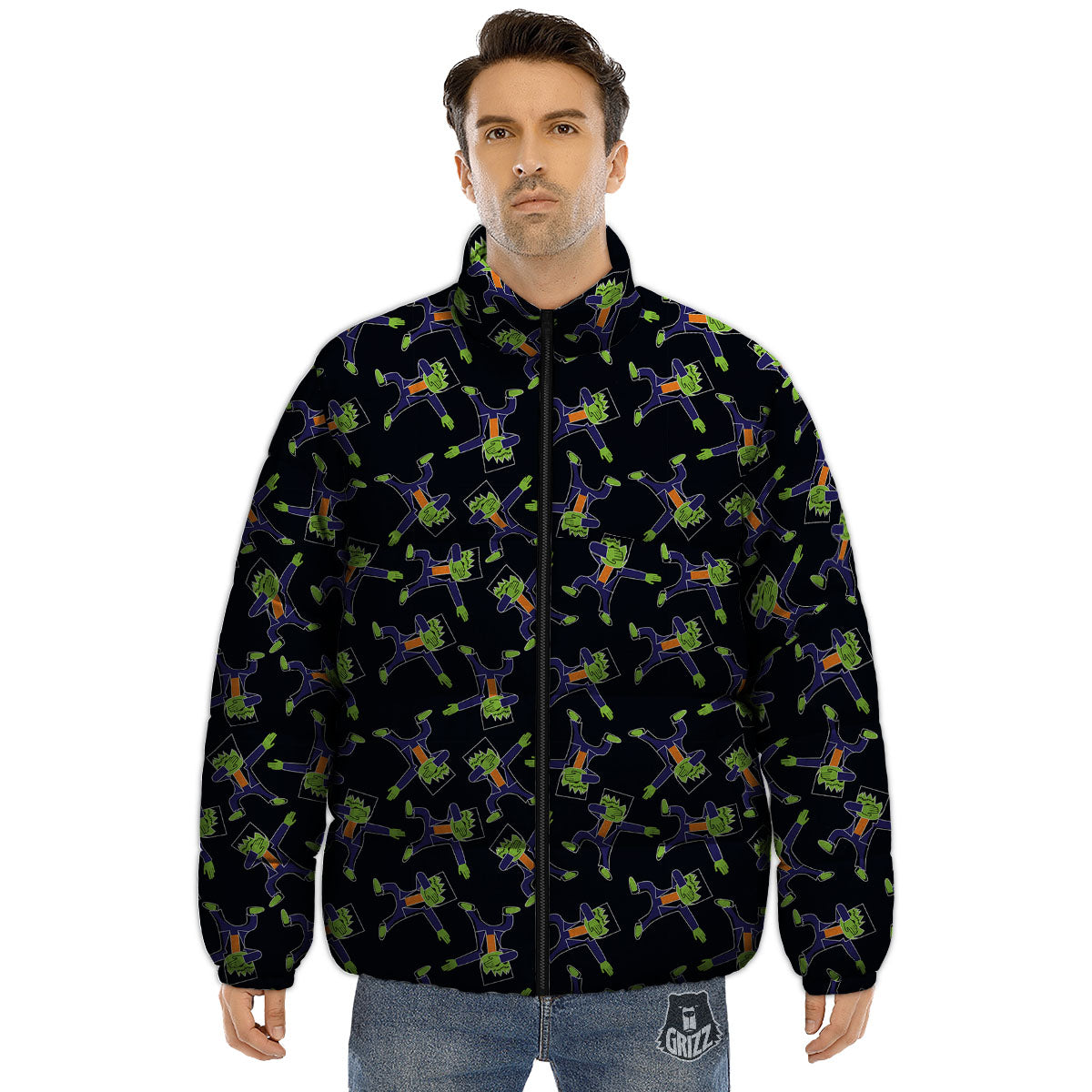 Frankenstein Halloween Print Pattern Puffer Jacket-grizzshop