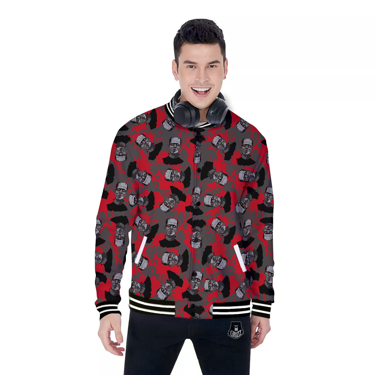 Frankenstein Horror Print Pattern Baseball Jacket-grizzshop