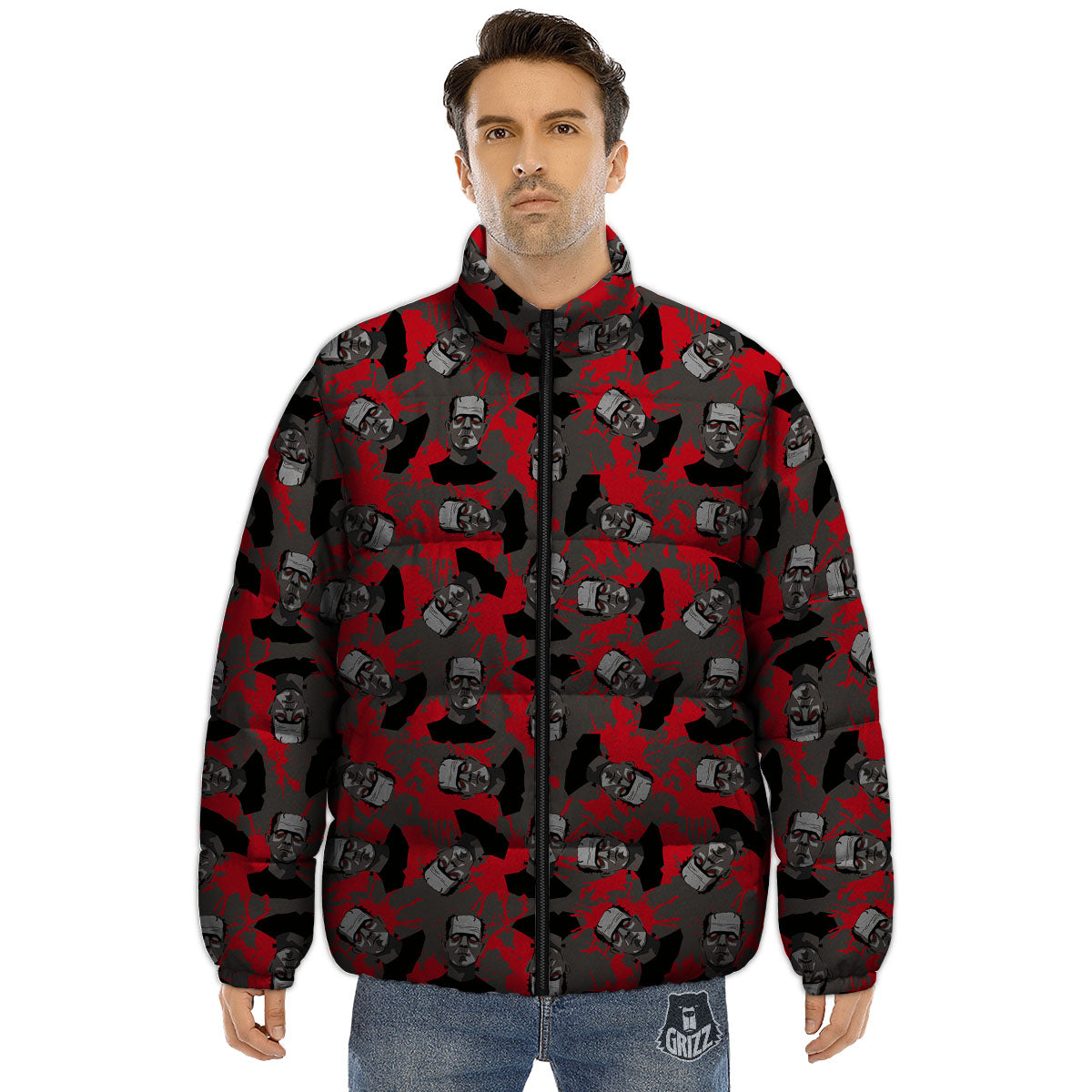 Frankenstein Horror Print Pattern Puffer Jacket-grizzshop