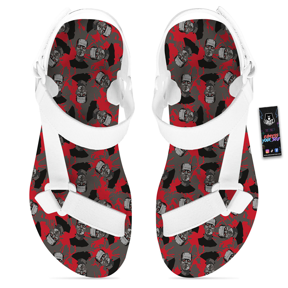 Frankenstein Horror Print Pattern White Open Toe Sandals-grizzshop