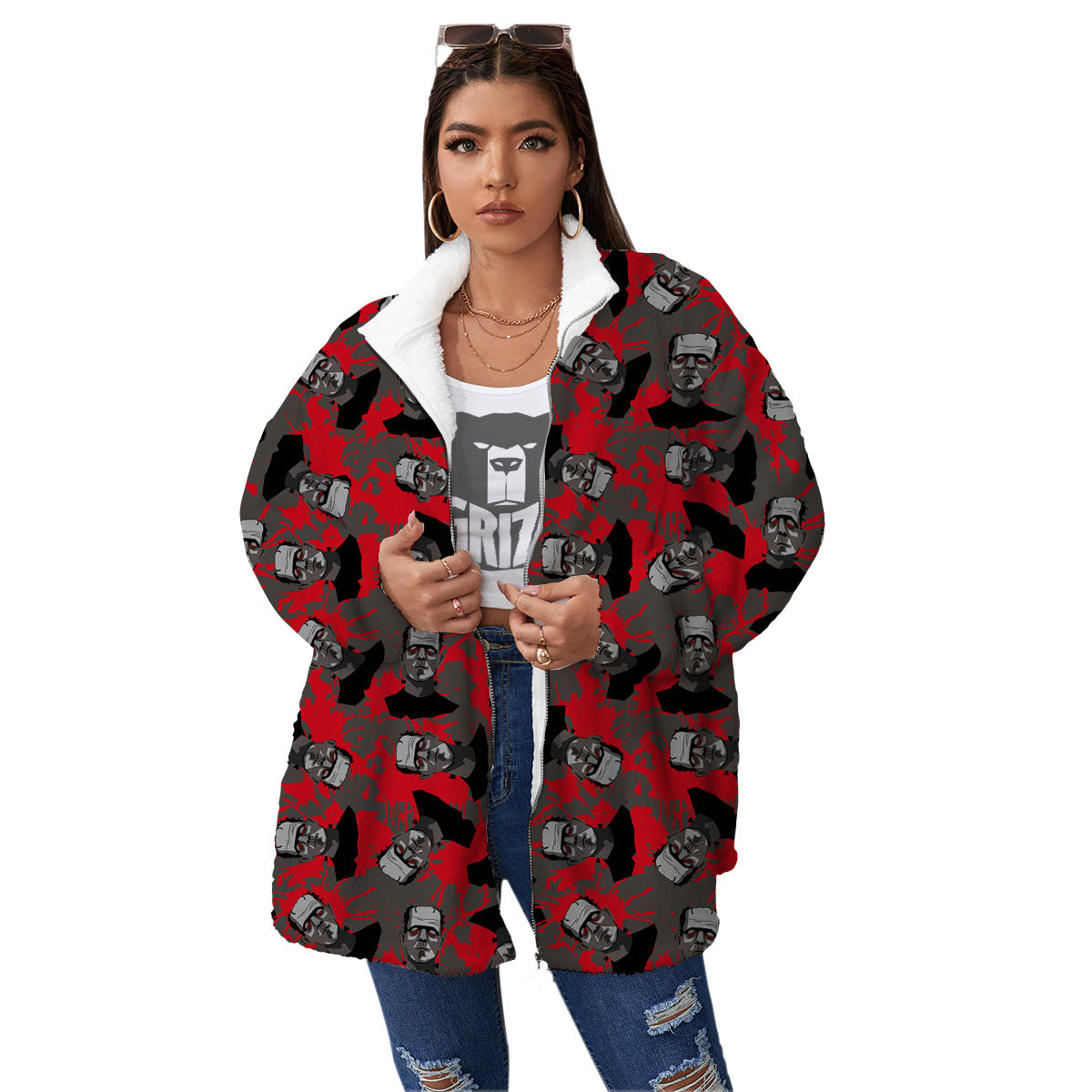 Frankenstein Horror Print Pattern Women's Sherpa Jacket-grizzshop