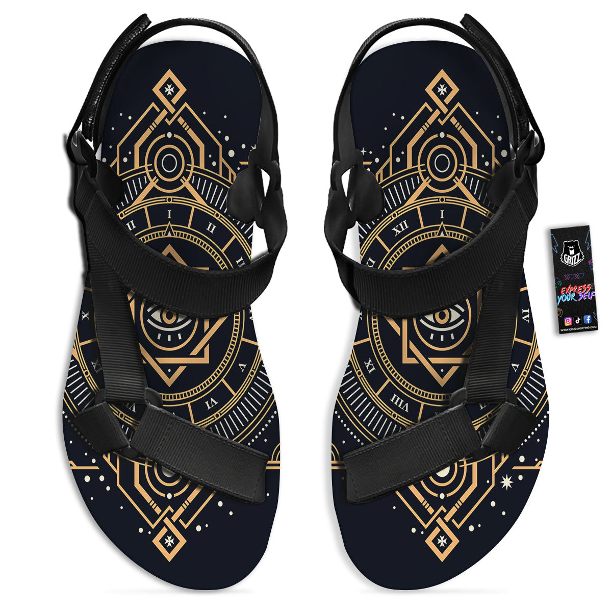 Freemasonry Masonic Eye Print Black Open Toe Sandals-grizzshop