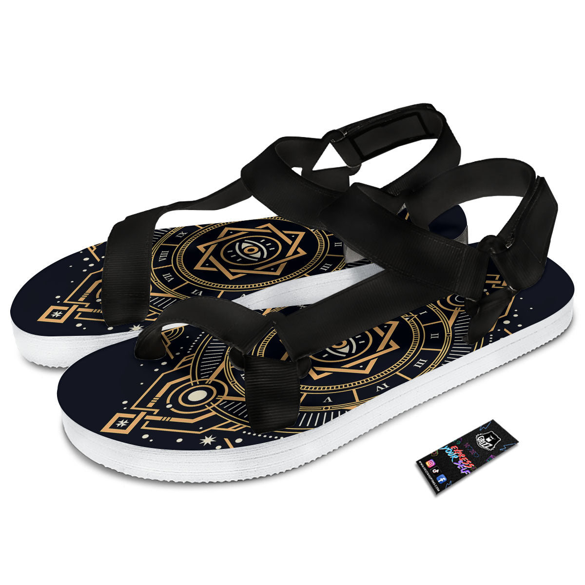 Freemasonry Masonic Eye Print Black Open Toe Sandals-grizzshop