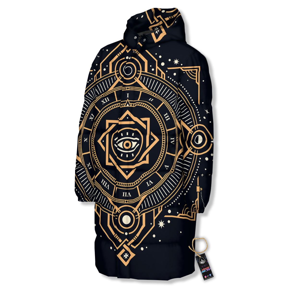 Freemasonry Masonic Eye Print Long Down Jacket-grizzshop
