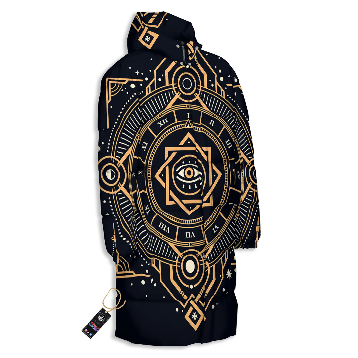 Freemasonry Masonic Eye Print Long Down Jacket-grizzshop