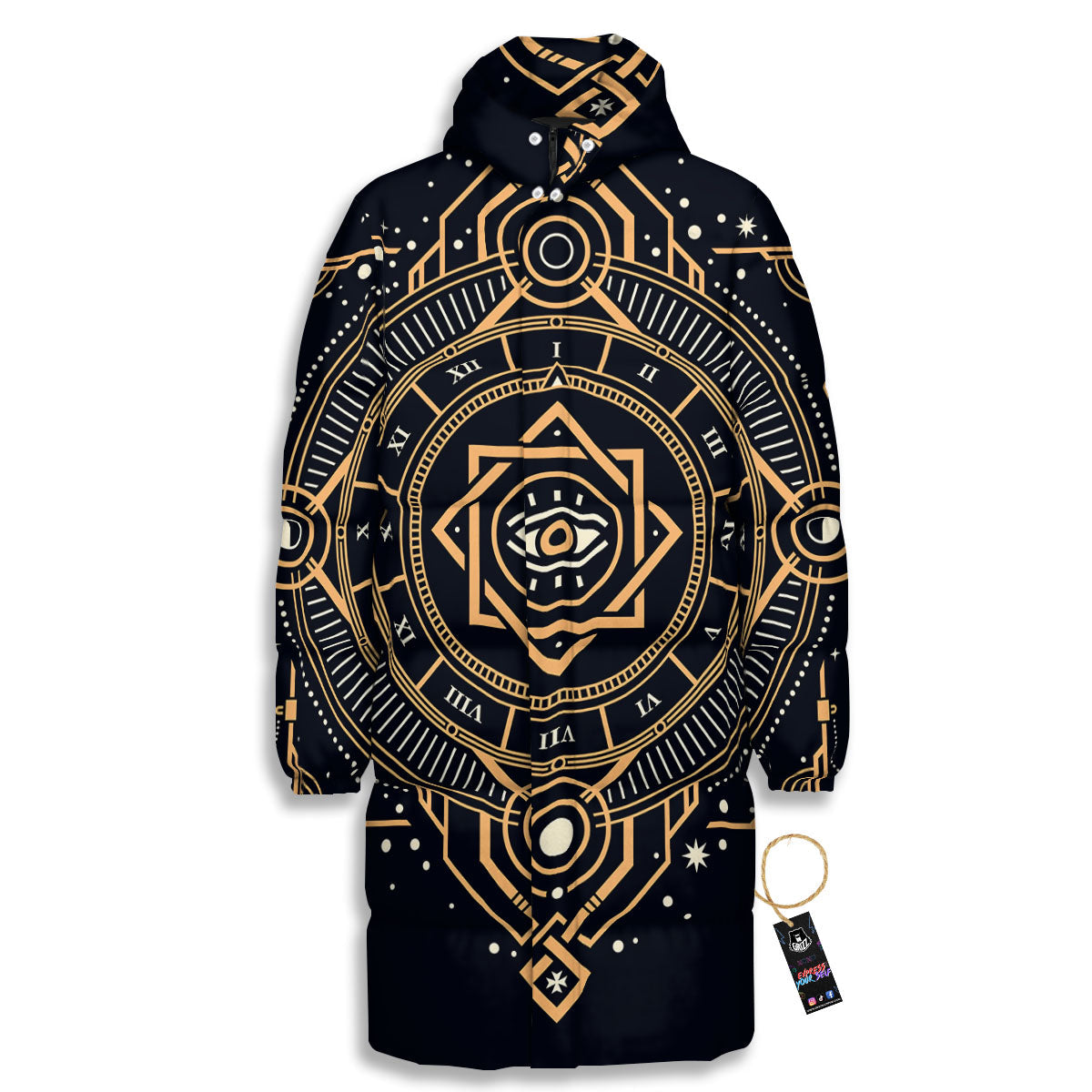 Freemasonry Masonic Eye Print Long Down Jacket-grizzshop