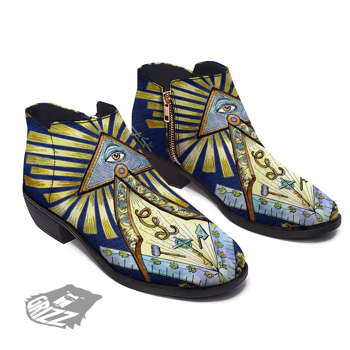 Freemasonry Masonic Vintage Print Ankle Boots-grizzshop