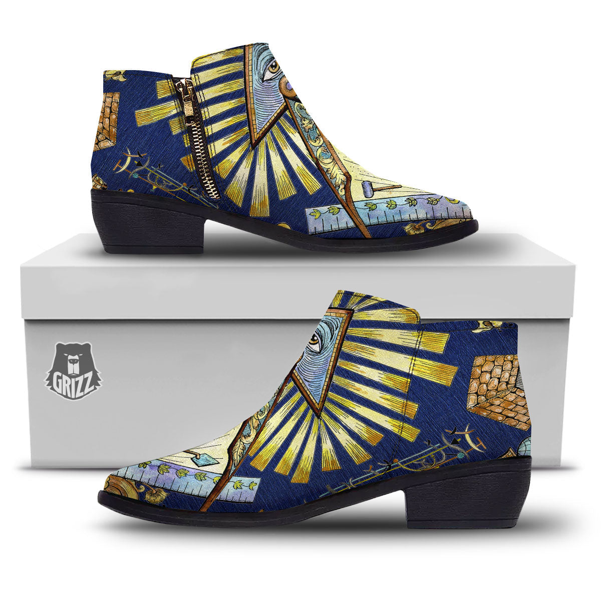 Freemasonry Masonic Vintage Print Ankle Boots-grizzshop