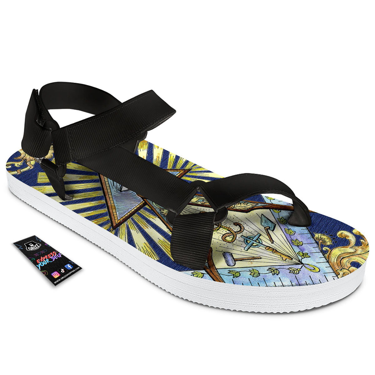 Freemasonry Masonic Vintage Print Black Open Toe Sandals-grizzshop
