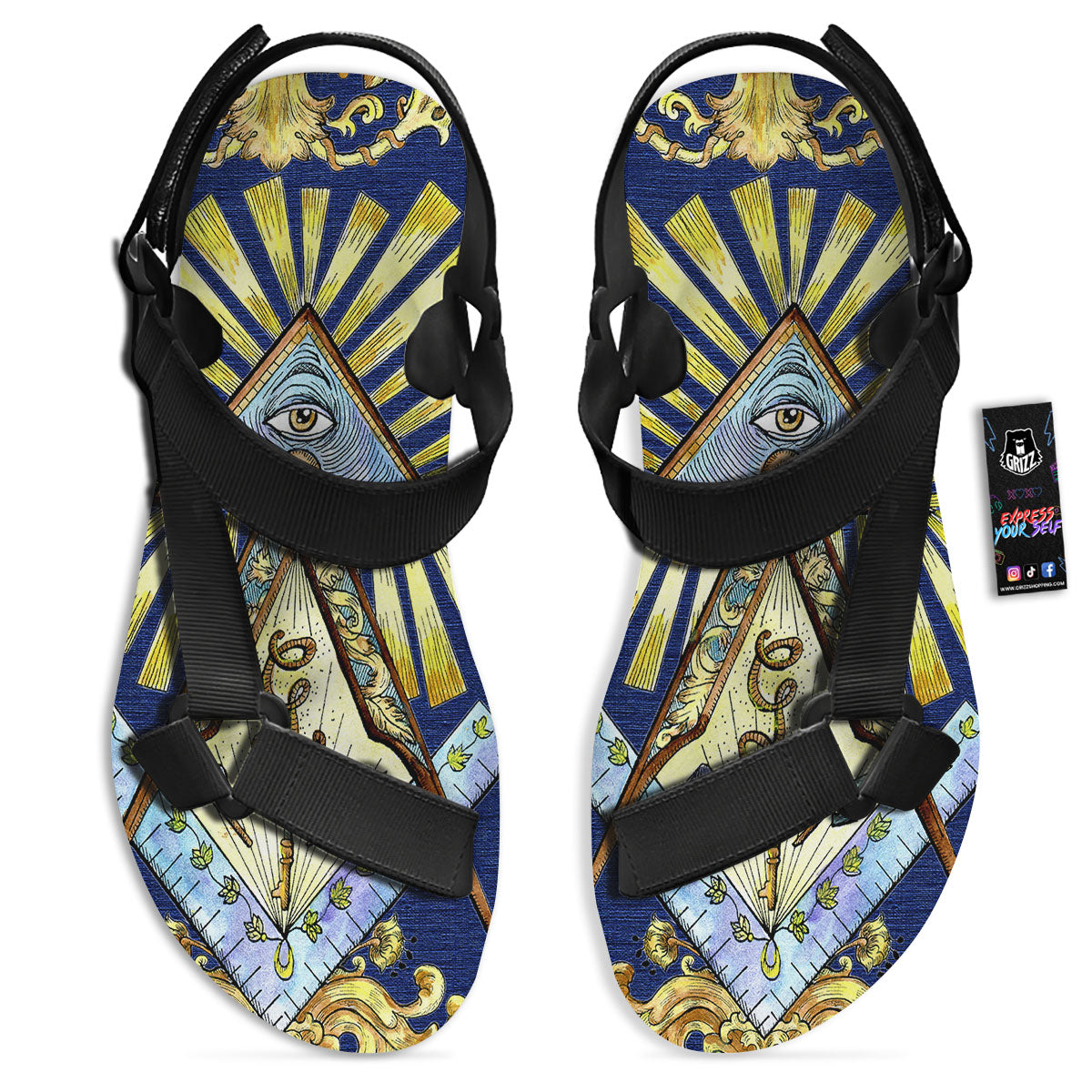 Freemasonry Masonic Vintage Print Black Open Toe Sandals-grizzshop