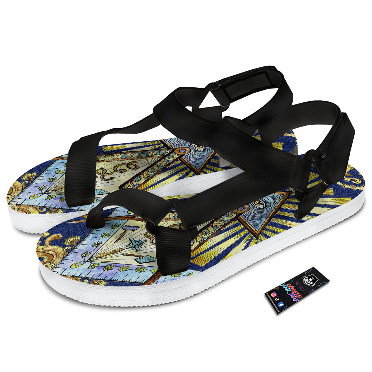 Freemasonry Masonic Vintage Print Black Open Toe Sandals-grizzshop