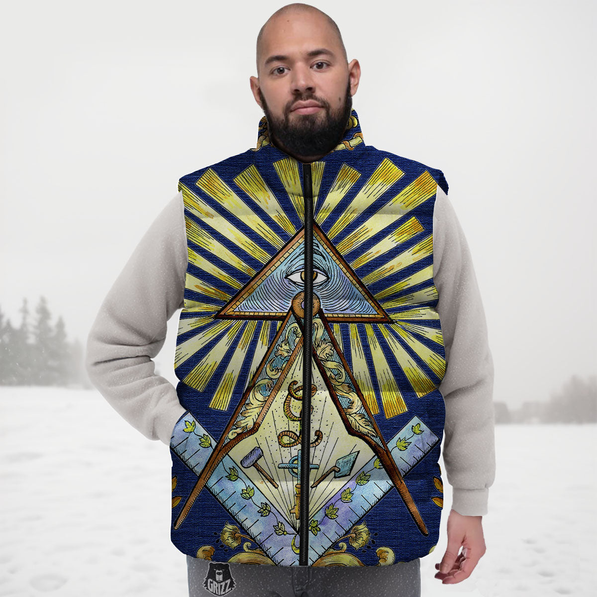 Freemasonry Masonic Vintage Print Down Vest