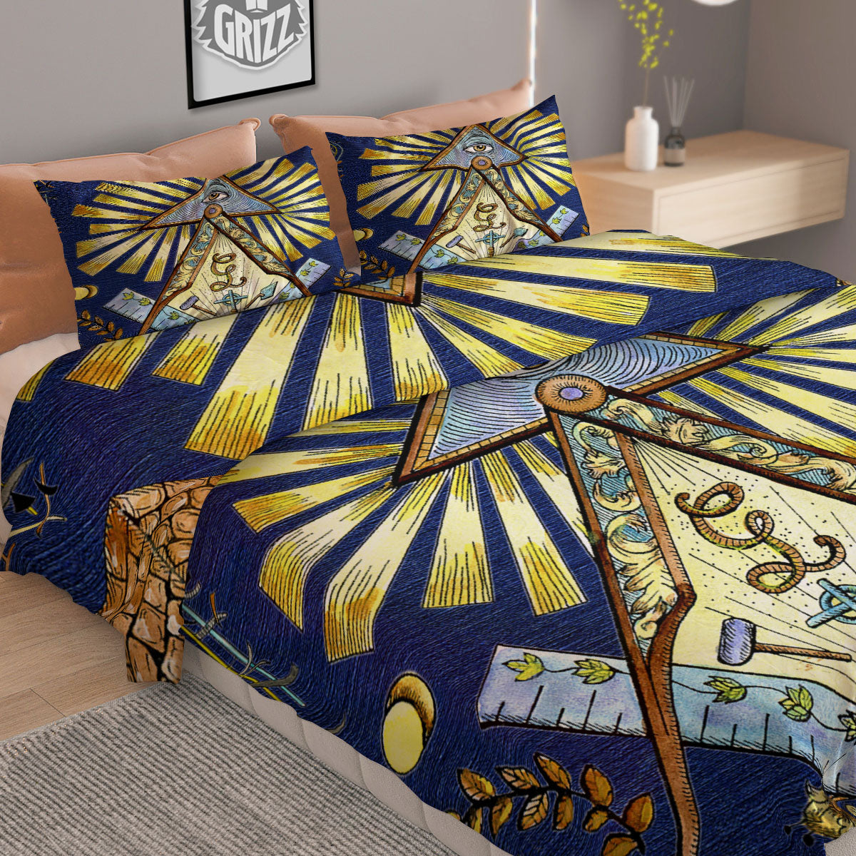 Freemasonry Masonic Vintage Print Duvet Cover Bedding Set
