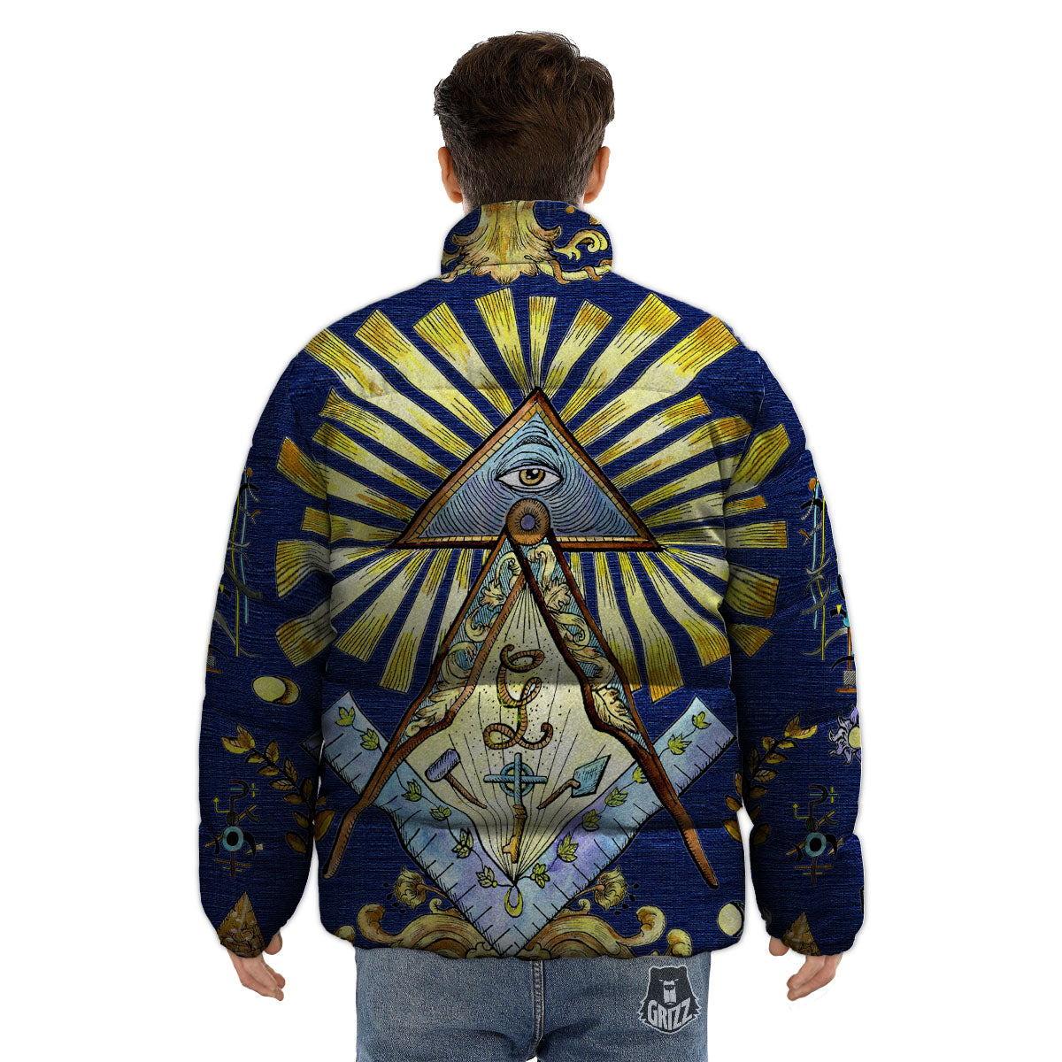 Freemasonry Masonic Vintage Print Puffer Jacket-grizzshop