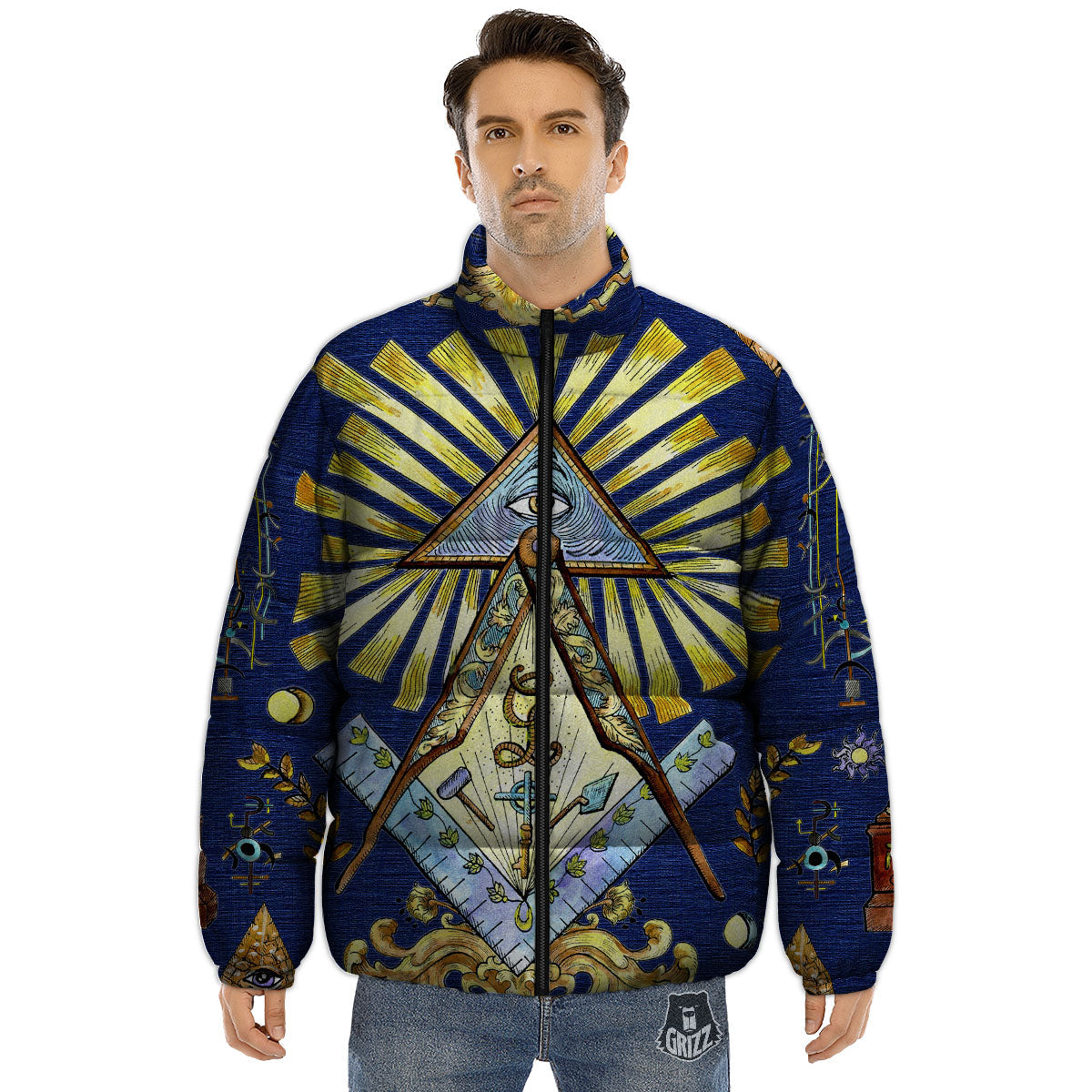Freemasonry Masonic Vintage Print Puffer Jacket-grizzshop