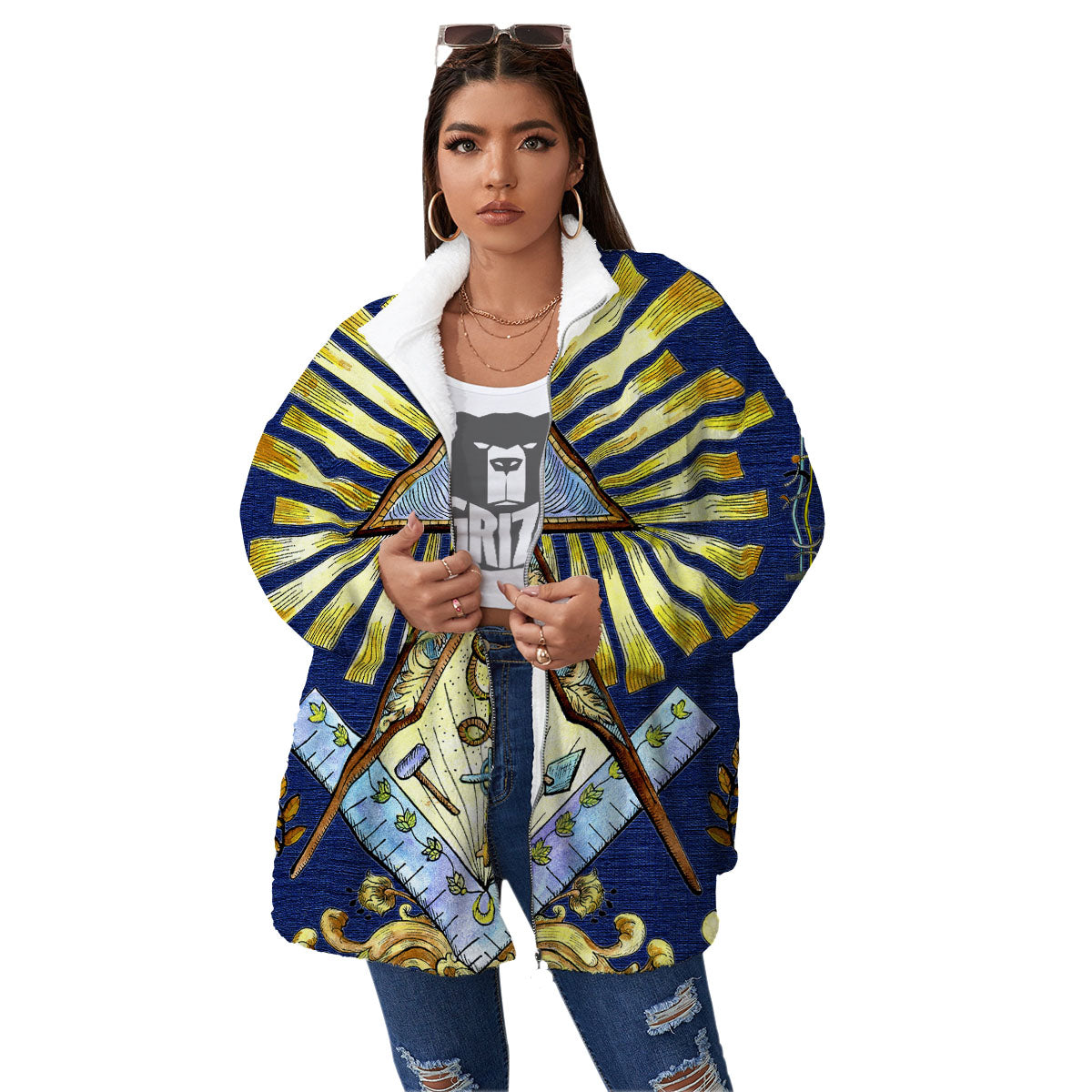 Freemasonry Masonic Vintage Print Women's Sherpa Jacket-grizzshop