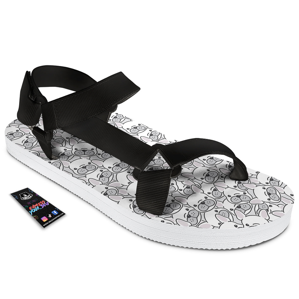 French Bulldog Cartoon Print Pattern Black Open Toe Sandals-grizzshop