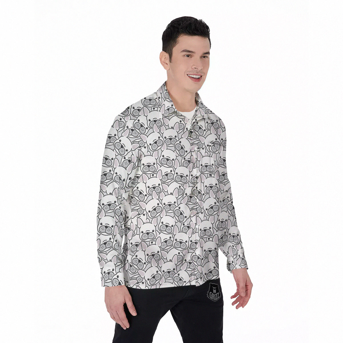 French Bulldog Cartoon Print Pattern Men's Long Sleeve Shirts-grizzshop