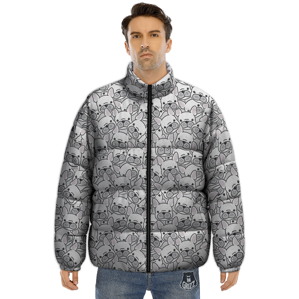 French Bulldog Cartoon Print Pattern Puffer Jacket-grizzshop