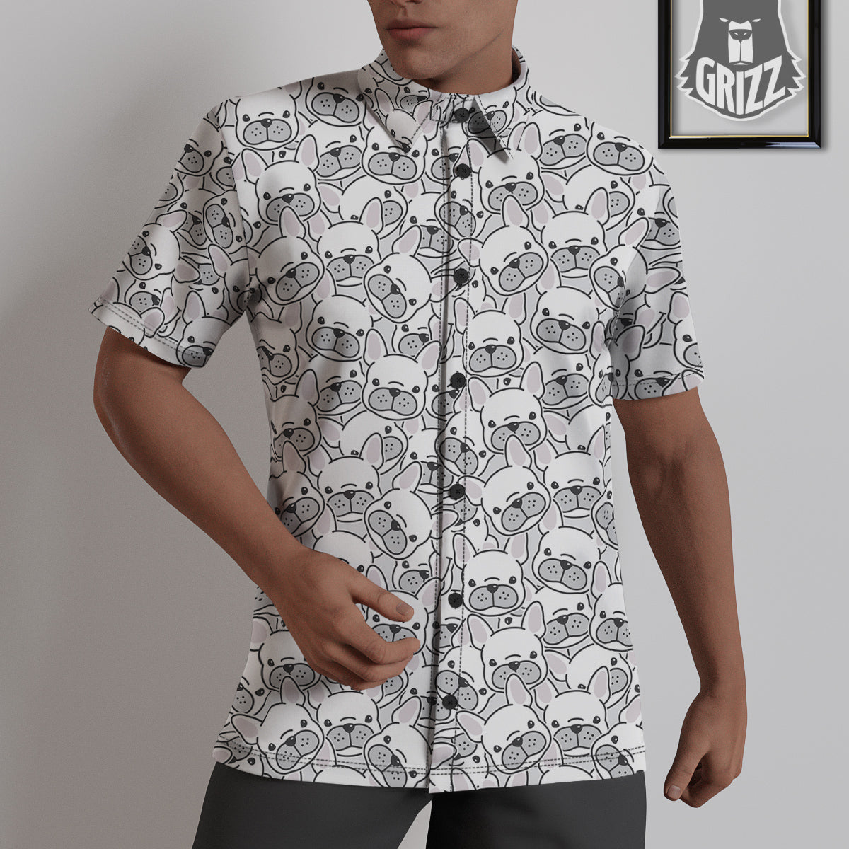 French Bulldog Cartoon Print Pattern Untucked Shirts-grizzshop