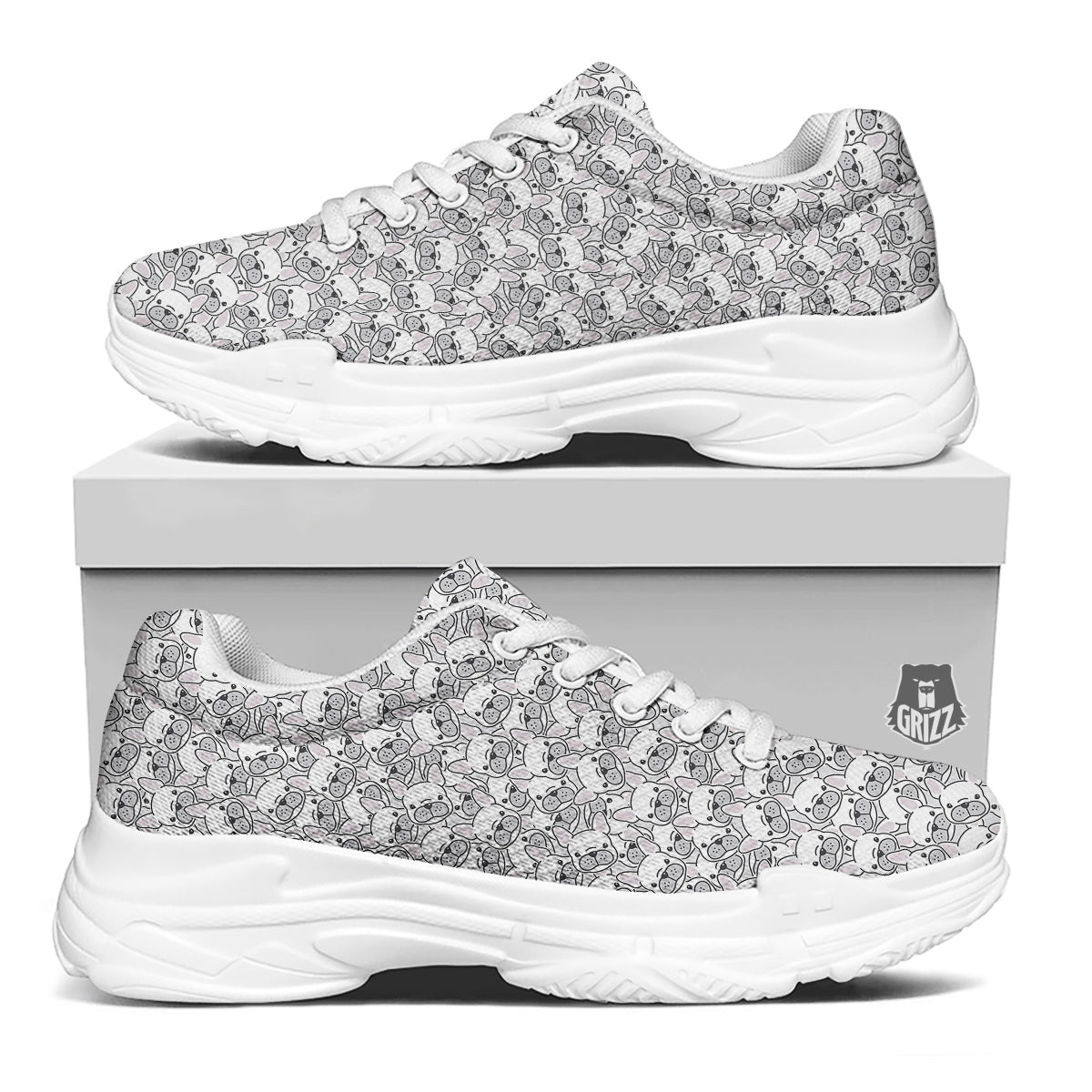 French Bulldog Cartoon Print Pattern White Chunky Shoes-grizzshop