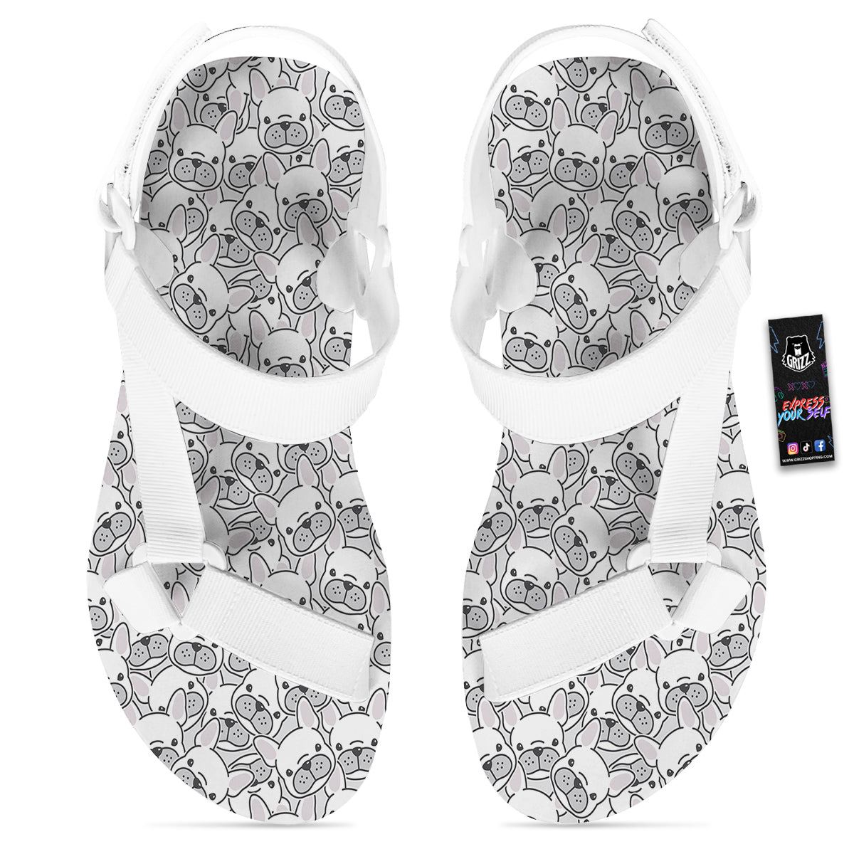 French Bulldog Cartoon Print Pattern White Open Toe Sandals-grizzshop