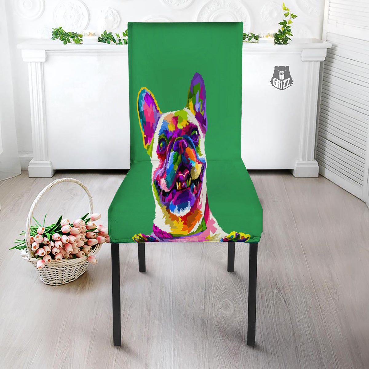 French Bulldog Coloful Print Dining Chair Slipcover-grizzshop