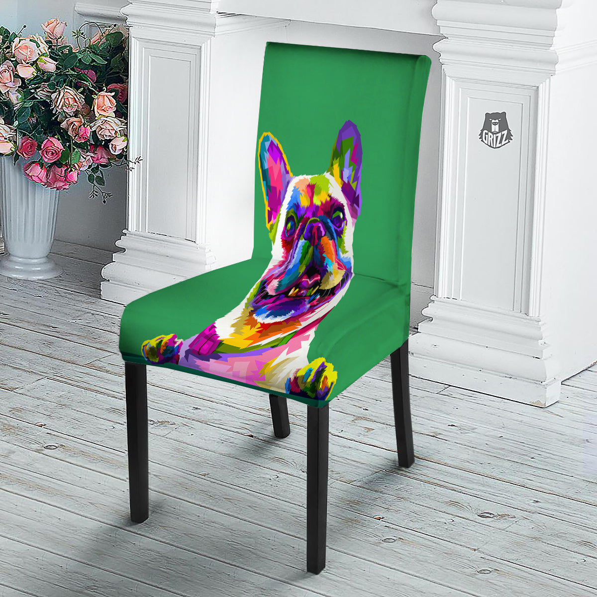 French Bulldog Coloful Print Dining Chair Slipcover-grizzshop
