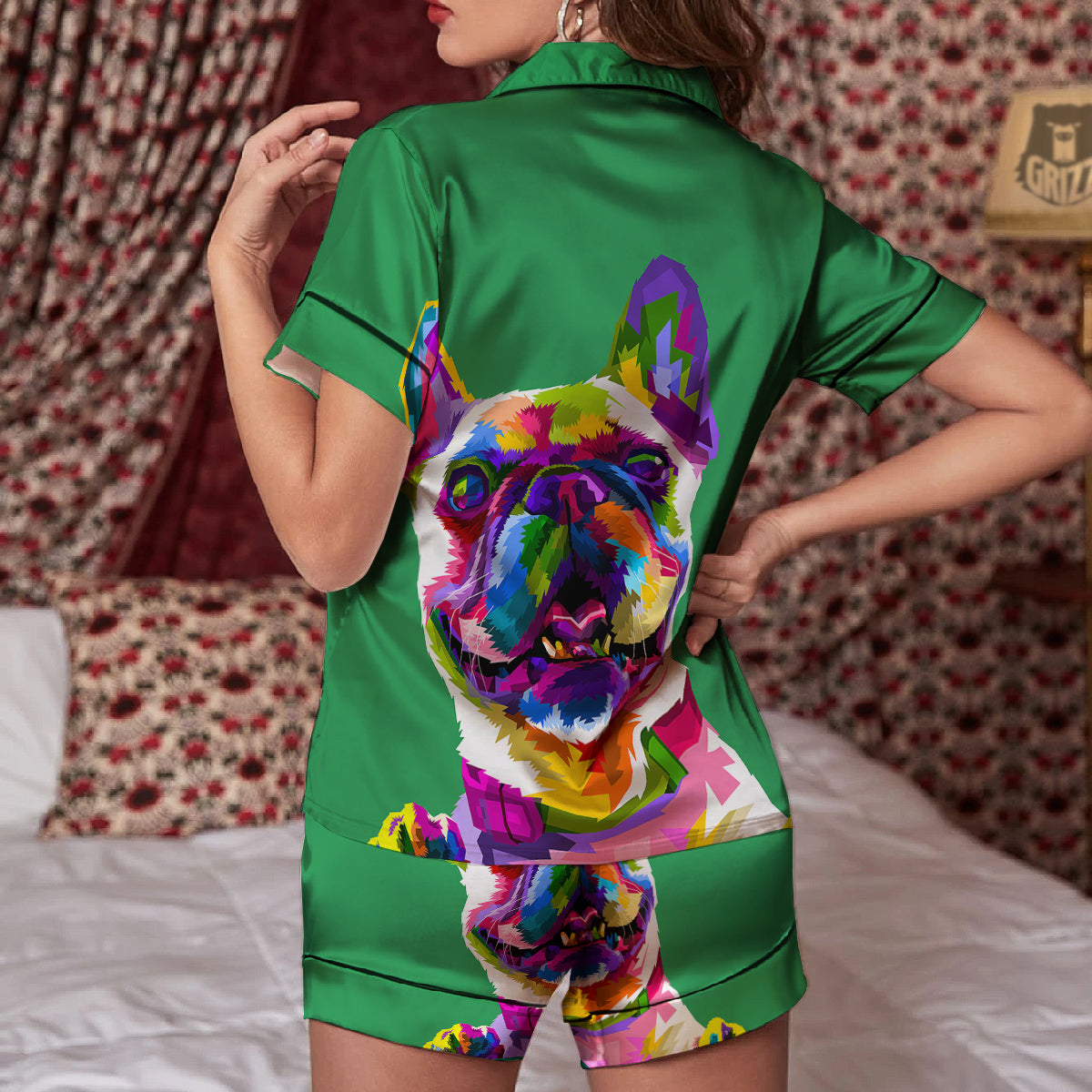 French Bulldog Coloful Print Women Silk Pajamas-grizzshop