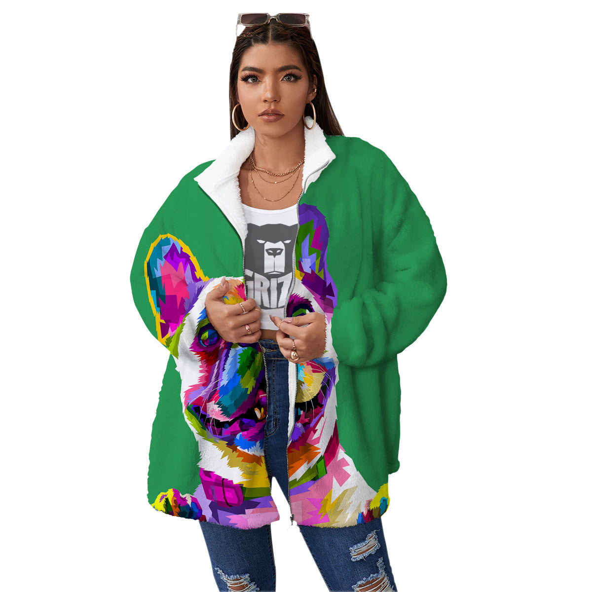 French Bulldog Coloful Print Women's Sherpa Jacket-grizzshop