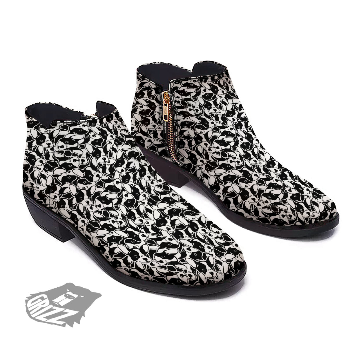 French Bulldog Faces Print Pattern Ankle Boots-grizzshop