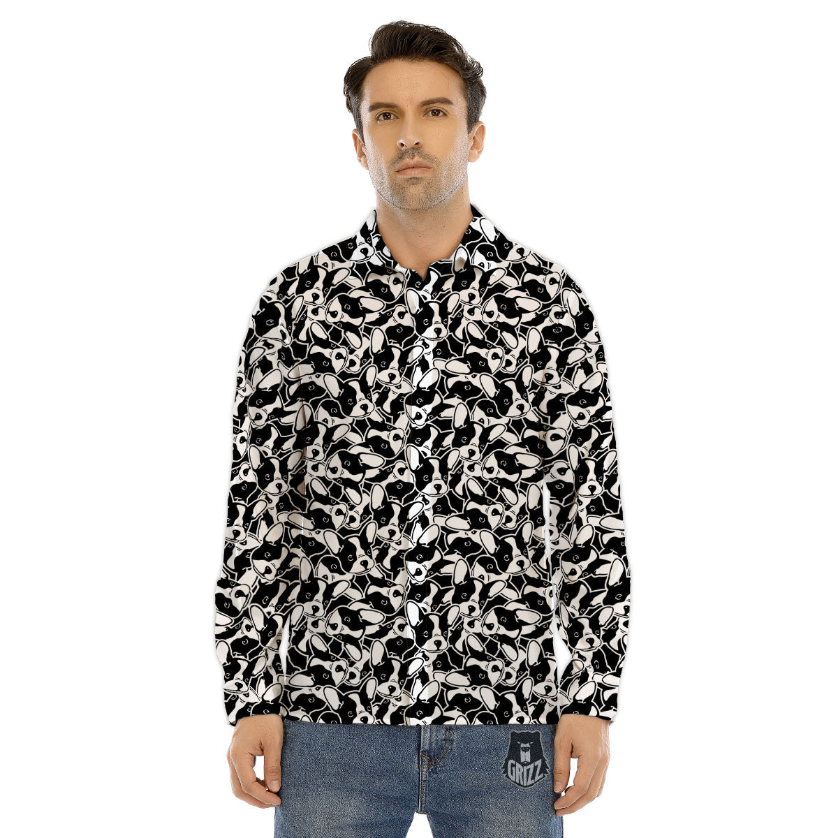 French Bulldog Faces Print Pattern Men's Dress Shirts-grizzshop
