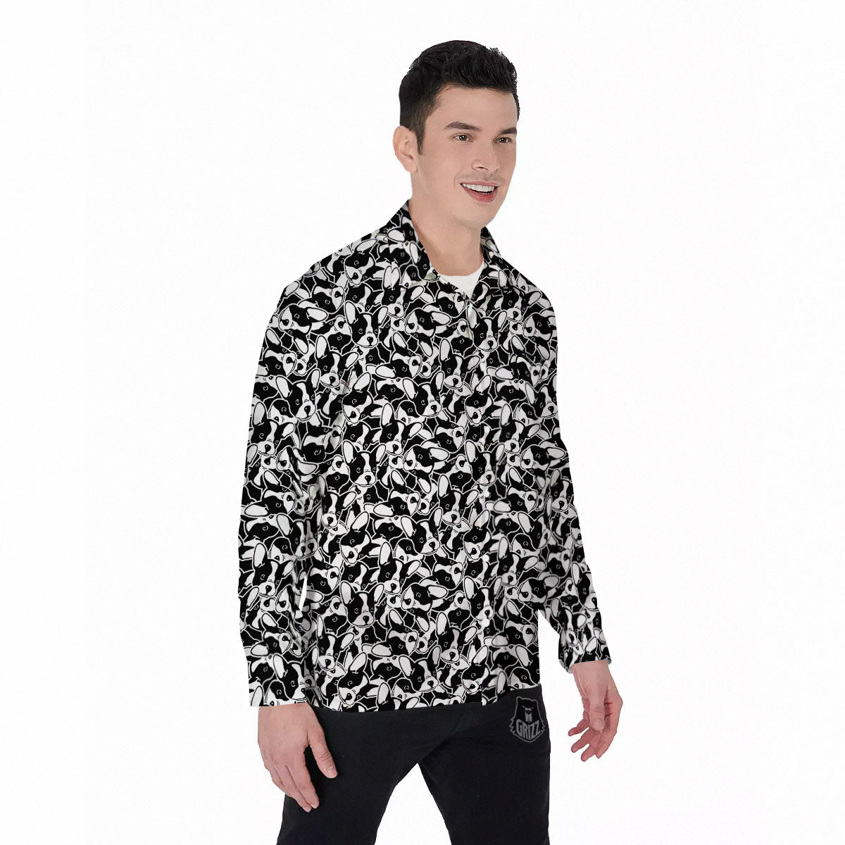 French Bulldog Faces Print Pattern Men's Long Sleeve Shirts-grizzshop