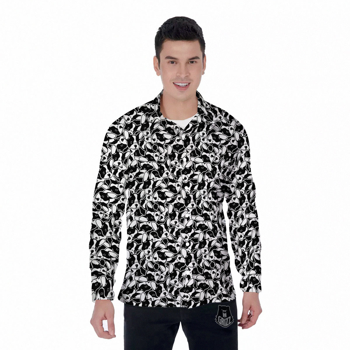 French Bulldog Faces Print Pattern Men's Long Sleeve Shirts-grizzshop