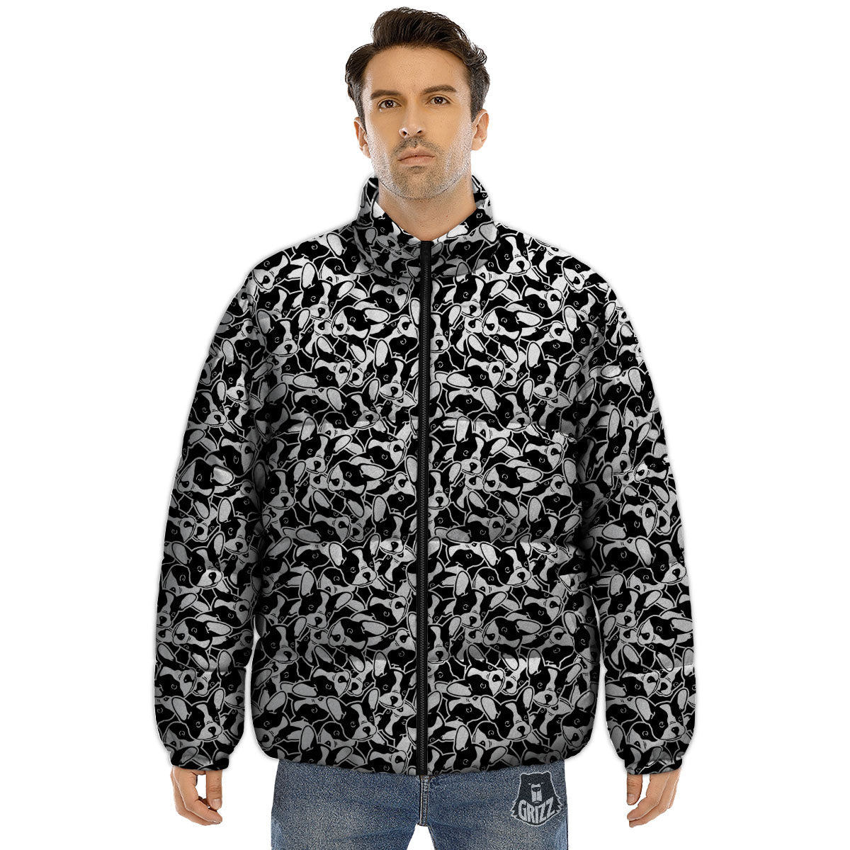 French Bulldog Faces Print Pattern Puffer Jacket-grizzshop